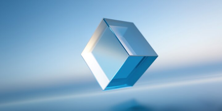Blue and white glass cube with abstract geometric shape floating against light blue background, futuristic technology aesthetic with minimalist transparency and luminous design