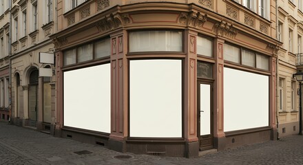 Obraz premium Empty Vintage Storefront with Large Blank Windows on Quiet Street Corner