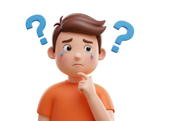 A confused boy with question marks, isolated on a transparent background