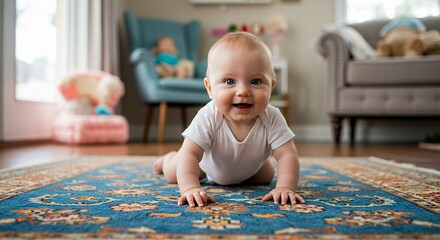 Smiling Baby Crawling on Colorful Rug in Cozy Living Room with Soft Lighting