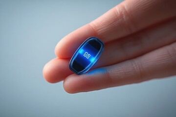 Close-up of hand holding a small futuristic digital device with blue glowing display showing number eighty eight on fingertip