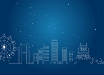 大阪の街並みの線画と星と夜のビルのイラスト