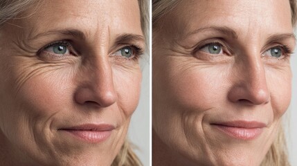 Split image of a mature woman showing wrinkle reduction before and after treatment. Illustrates the concept of anti-aging and skincare.