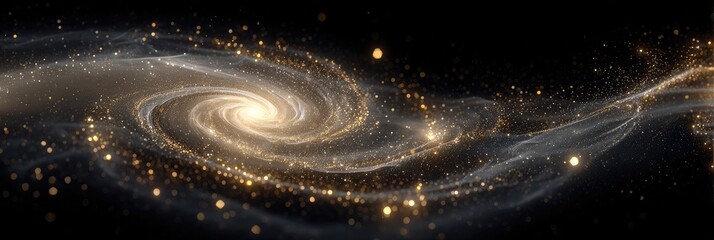 Spiral galaxy with golden dust particles against a dark backdrop