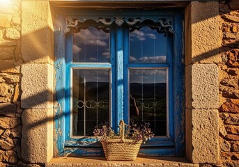 Rustic blue window with basket and stone wall detail