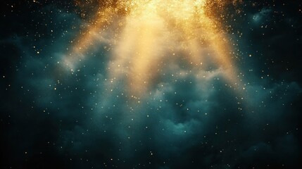 Obraz premium Glowing golden particles shining and scattering over a dark smoky background creating a mystical and radiant atmosphere
