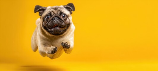 The playful pug leaping joyfully against a vibrant yellow background.