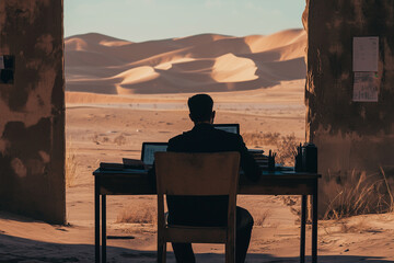 Focused man working on a laptop from a rustic office desk with a breathtaking view of desert sand dunes, embodying the digital nomad lifestyle and solitude