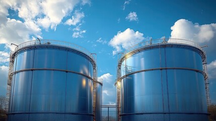 Two large reflective cylindrical metal storage tanks under a blue sky with scattered clouds in an industrial setting