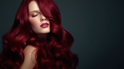 Fototapeta premium Dramatic portrait of an attractive woman with vibrant long red wavy hair. Focuses on hair color, beauty, and style.