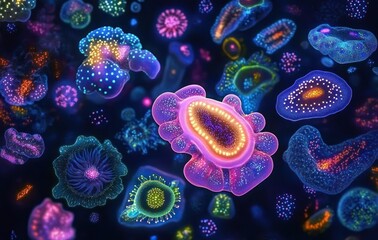 Colorful glowing microscopic organisms floating in a dark fluid environment, showcasing intricate details and a vibrant bioluminescent display