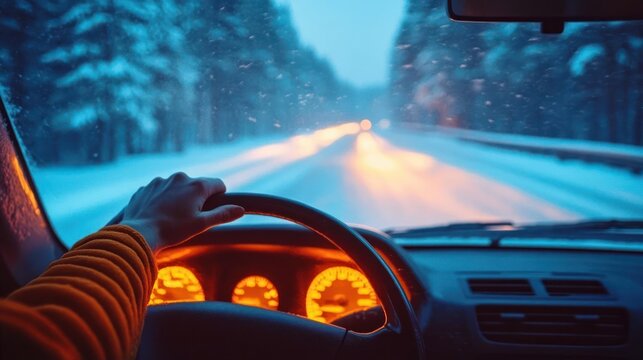 Person driving a car on a snowy road during twilight with illuminated dashboard and blurred trees outside