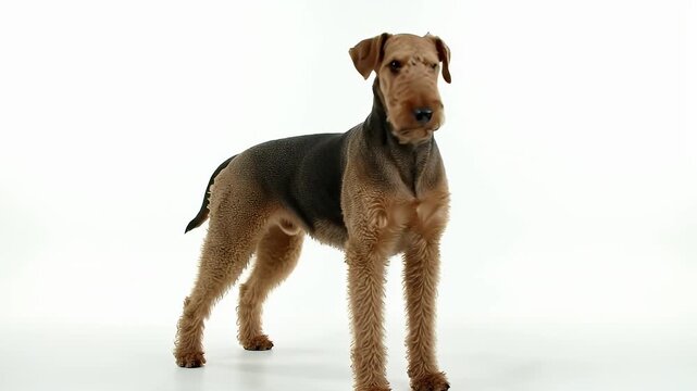 Majestic Airedale Terrier with Wirehaired Coat Posing on Pure White Seamless Background