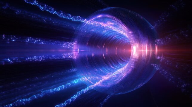 Glowing futuristic tunnel with swirling blue and purple light streams converging into a circular vortex emitting radiant energy