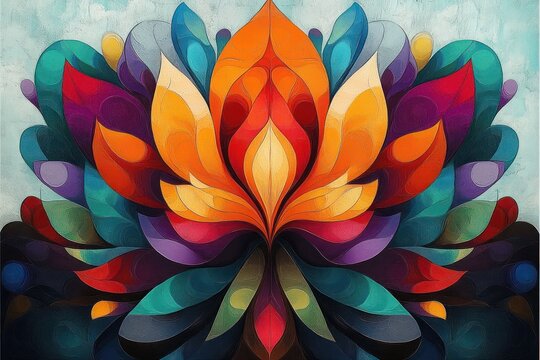 Abstract colorful symmetrical floral design with layered petal shapes in vibrant hues of orange, red, blue, purple, and green creating a dynamic and lively visual effect - Powered by Adobe