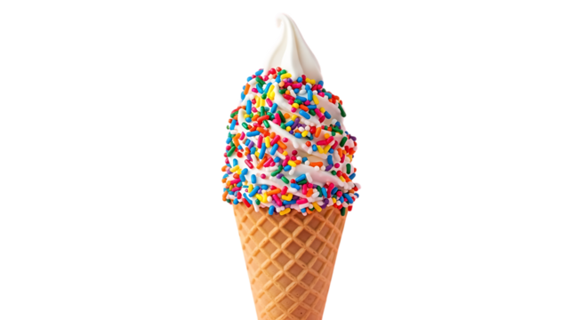 Soft serve ice cream cone topped with colorful rainbow sprinkles, isolated on transparent background
