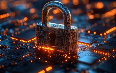 Metallic padlock with circuit board texture glowing with orange and blue lights symbolizing digital security on a high-tech electronic background