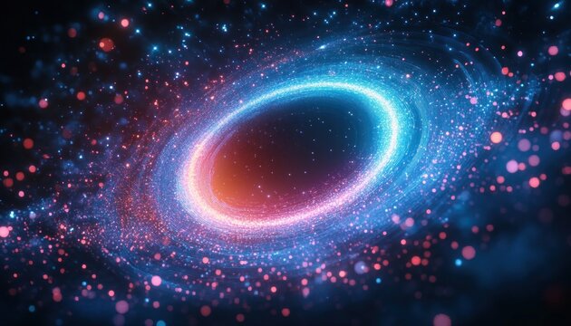 Bright glowing digital vortex with swirling blue and pink particles creating a dynamic cosmic tunnel effect