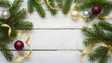 Christmas Festive Background White Wood, Fir Branches, Ornaments