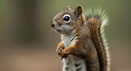Adorable Squirrel with Fluffy Tail Standing Alert in Natural Setting