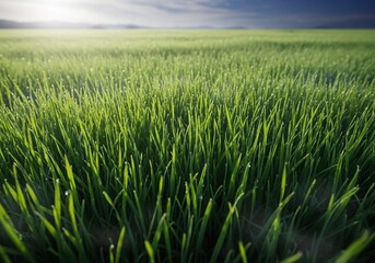 Obraz premium Close up of a field of green grass in the early morning