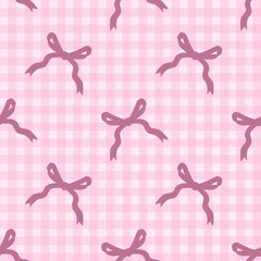 Seamless pattern of purple ribbon bows on a pink gingham background, perfect for fabric, wrapping paper, cute decoration, and stylish textile designs.