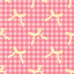 Seamless pattern of yellow ribbon bows on a pink gingham background, perfect for fabric, gift wrap, cute decoration, and stylish textile designs.
