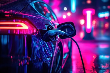 Electric car charging at night with vivid neon city lights reflecting on wet glossy surface creating a futuristic urban atmosphere