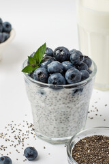 Glass with chia pudding, fresh blueberries,  kefir, milk, chia seeds and a bowl with berries. Healthy eating concept, superfood.