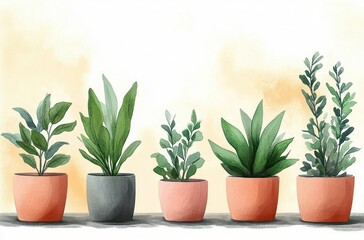 Obraz premium Five potted green plants with varying leaf shapes in terracotta and gray pots lined up against a soft beige background with warm light effects