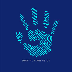 concept of digital forensics, lined graphic of hand combined with fingerprint presented in editable path