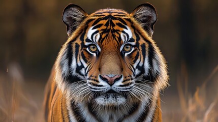 Fototapeta premium Close-up of a majestic tiger with intense gaze and detailed fur pattern in a natural blurred background