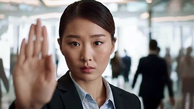 Businesswoman Holds Hand Up For Stop Gesture In Light Filled Lobby