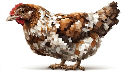 A low-poly, brown hen is depicted in profile view against a stark white background. Its plumage is rendered in a pixelated style, showcasing various 