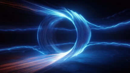 Glowing blue and orange energy vortex swirling in a dark space creating dynamic flowing light trails and wave patterns