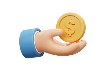 3d hand holding a gold coin with dollar symbol, isolated on transparent background