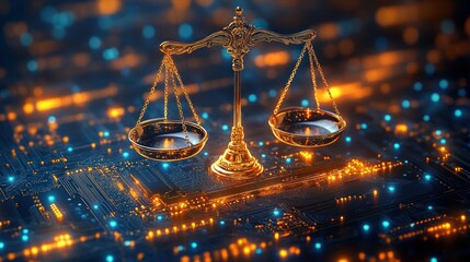 Golden balance scale placed on a glowing abstract electronic circuit board symbolizing justice and technology with warm orange and cool blue lights