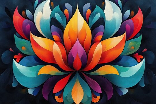 Abstract vibrant symmetrical floral design with layered colorful petals in shades of orange, red, blue, teal, purple, and yellow on a dark background