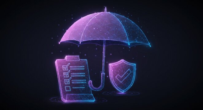 Digital insurance concept with 3D shield, check mark, and checklist under protective umbrella in futuristic polygonal vector style on dark background.

