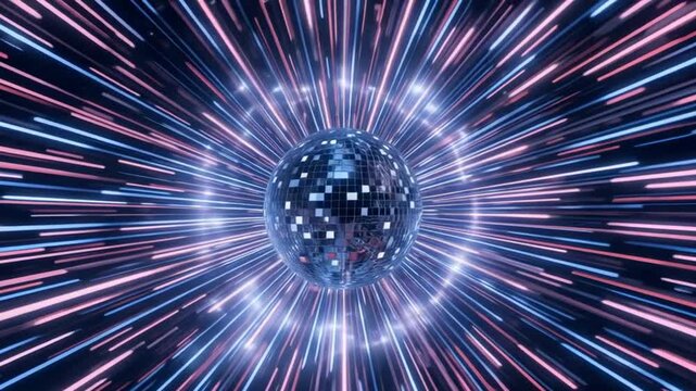 The image features a glittering disco ball at the center, radiating vibrant beams of blue and pink light in a dynamic, energetic pattern.