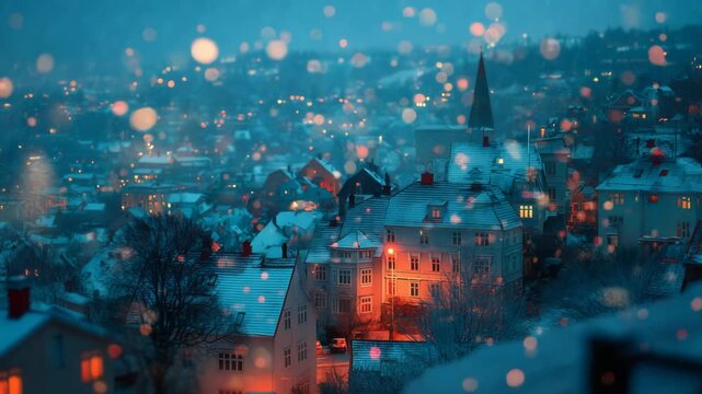 Captivating Winter Cityscape at Dusk: A Serene Evening View of Snow-Covered Buildings