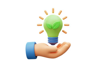 Fototapeta premium 3d render of a green lightbulb with leaves held in a hand, symbolizing an ecofriendly idea, isolated on transparent background