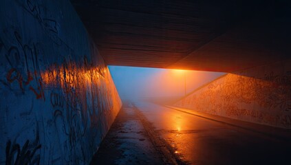 Foggy urban underpass at twilight, graffitied walls