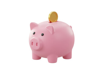 Pink piggy bank with a gold coin on top isolated on transparent background