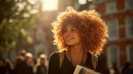Fototapeta premium A young woman with curly hair holds a book, walking on a sunny university campus. The image conveys the concepts of education, optimism, and the excitement of a new journey.