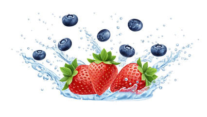 Fresh Strawberries and Blueberries in a Splash of Water A Vibrant and Refreshing Still Life Illustration of Fruit Bursting with Flavor Perfect for Healthy Eating and Summer Themes