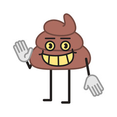 Poop character half turn waves hand and smiling