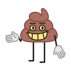Poop character half turn points hand and smiling
