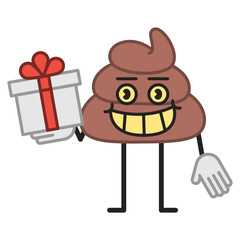 Poop character holding gift box and smiling