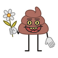 Poop character holding flower and smiling